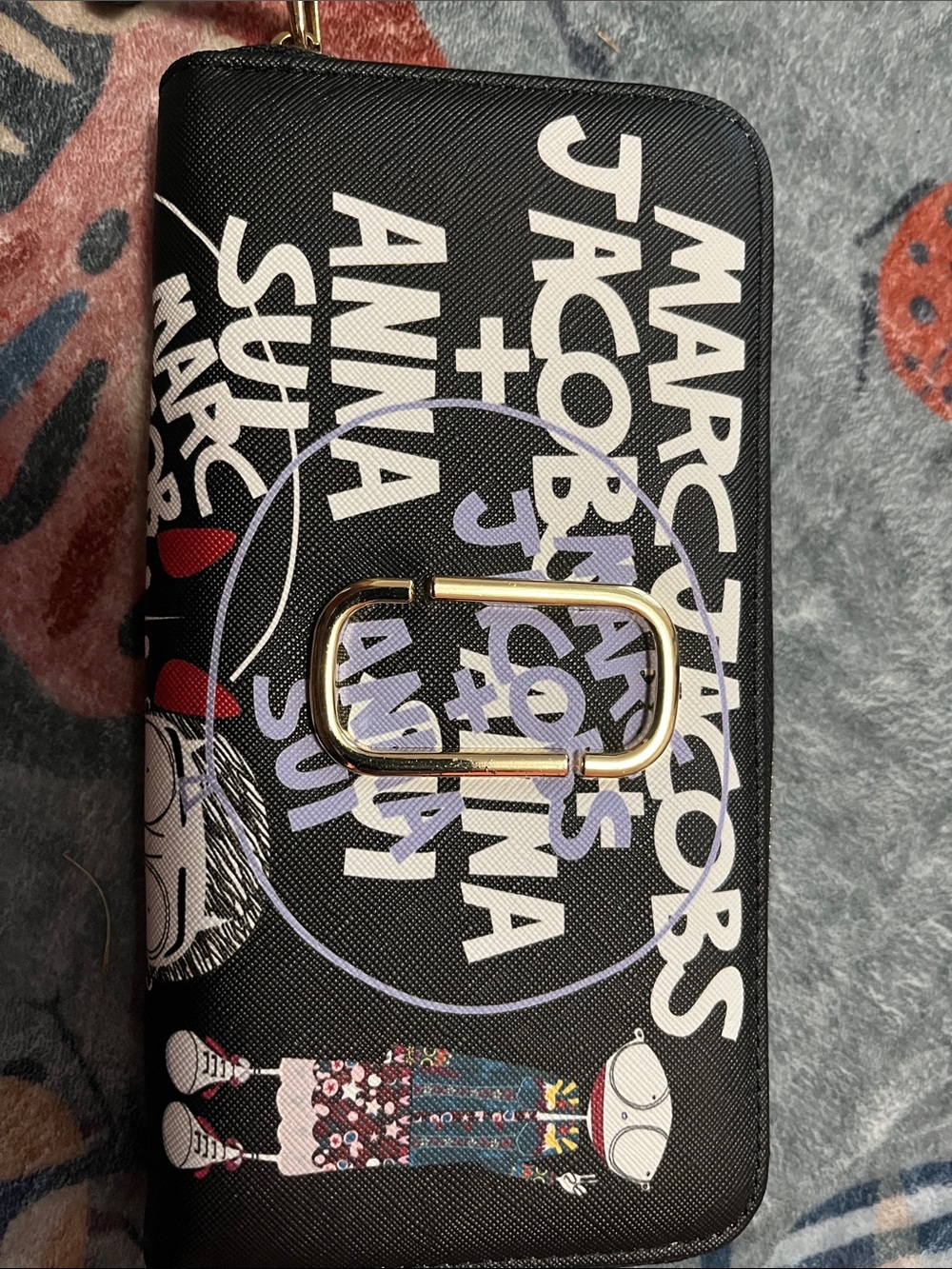 Marc Jacobs Black Graphic Zip-Around Wallet with Gold Hardware